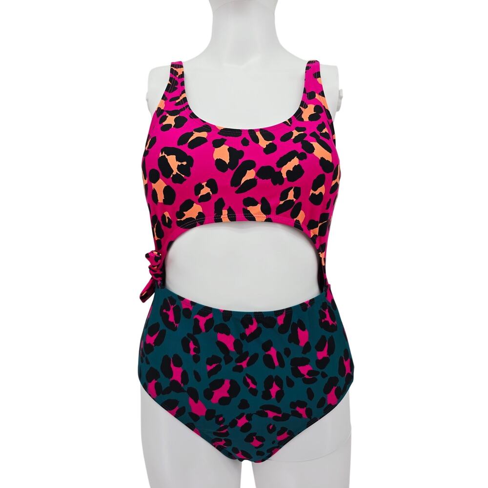 Decree Leopard Print Cut-Out One-Piece Swimsuit Pink Teal M